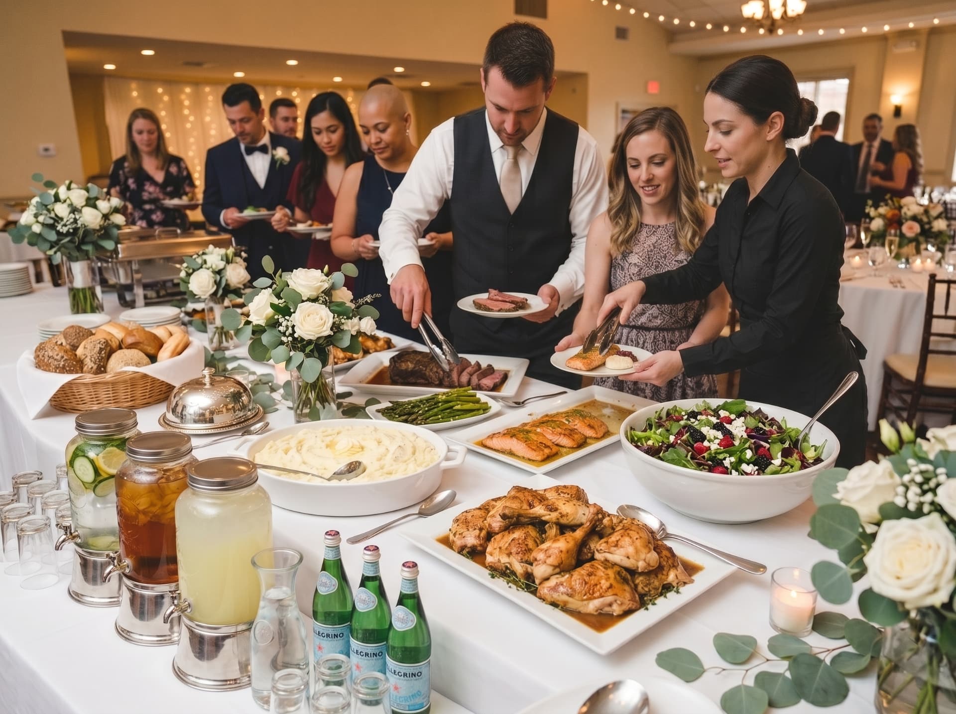 Wedding buffet with carved beef, salmon, salad and fresh bread