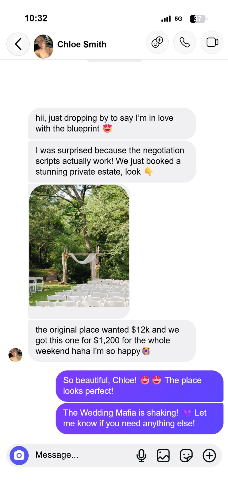 Instagram message from a bride who booked a private estate for $1,200