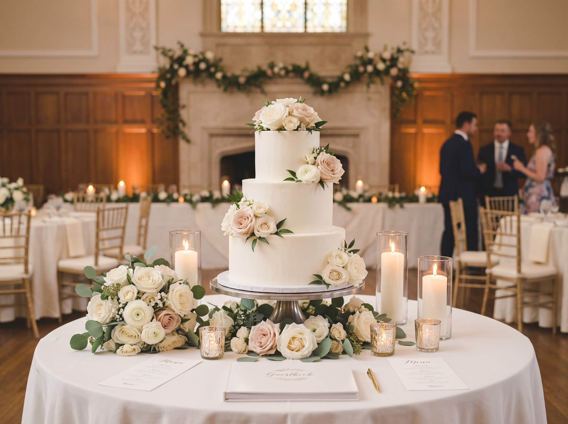 Three-tier white wedding cake with soft roses and candlelight