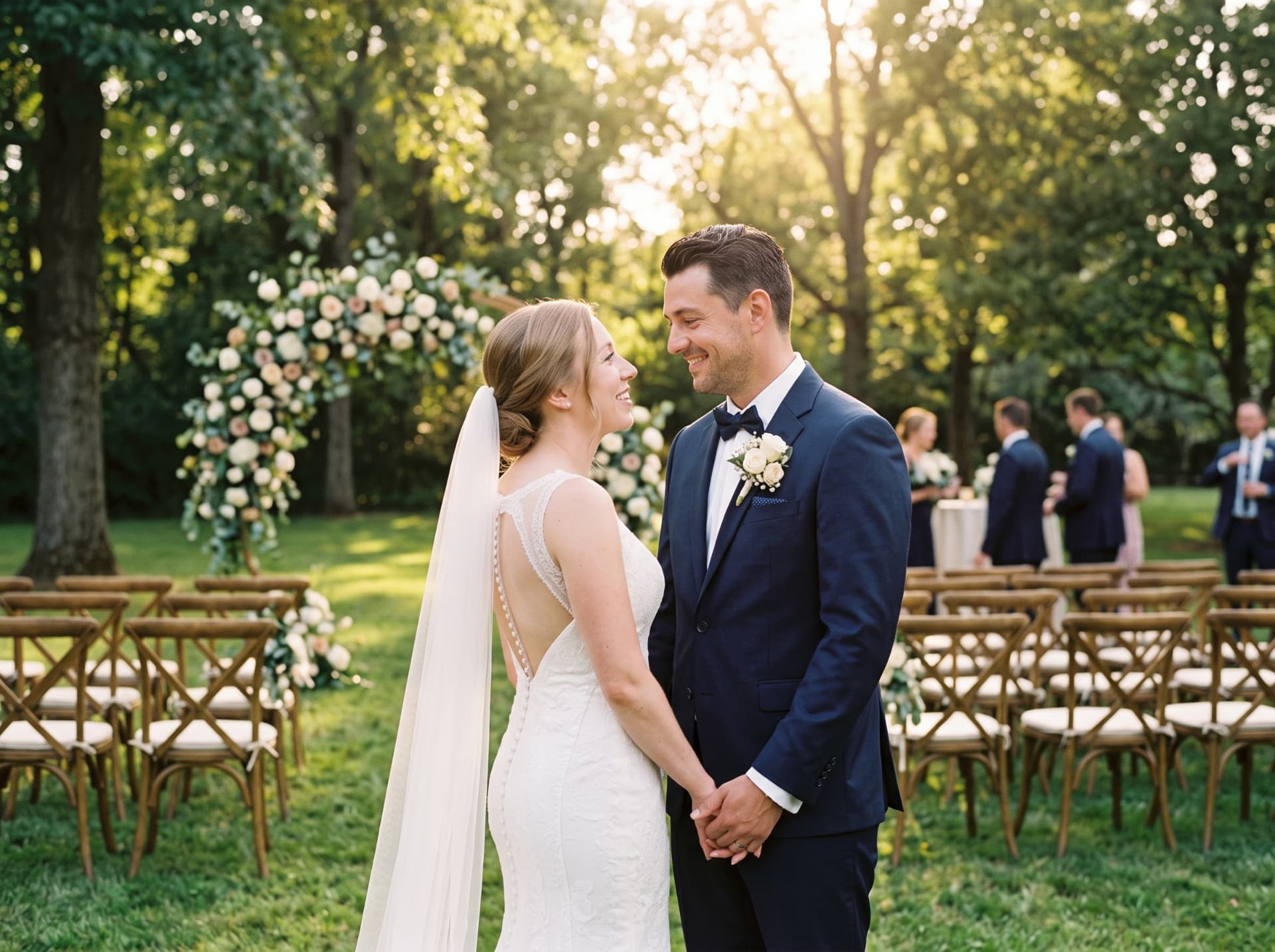 Bride and groom smiling at each other after the ceremony