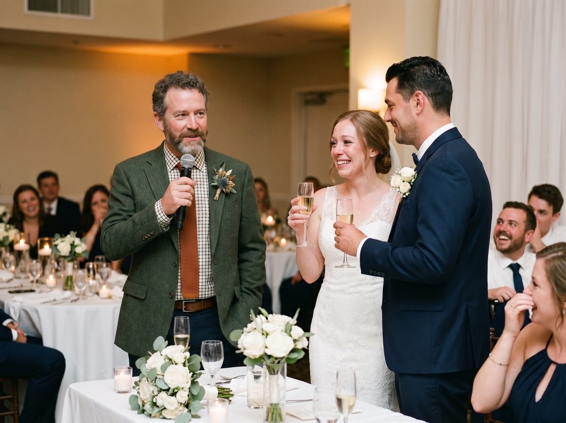 Toast during the wedding reception with the couple raising glasses